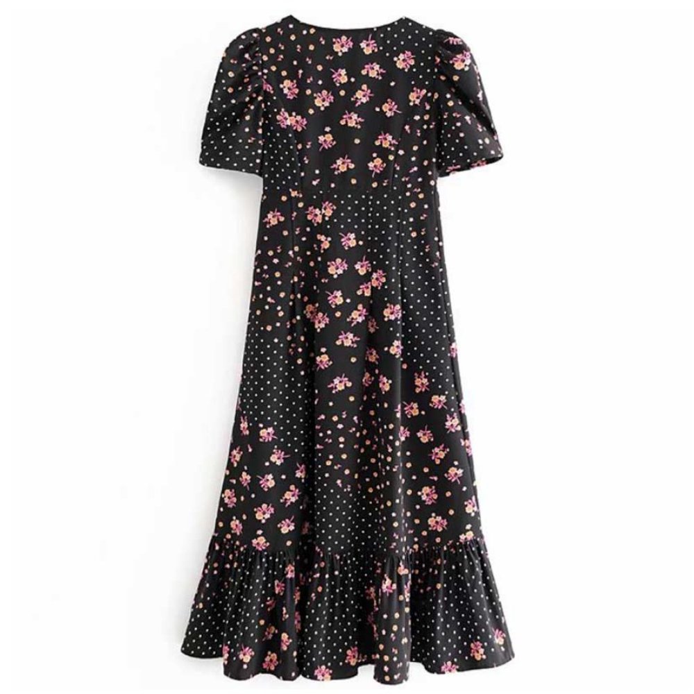 black Boho floral Print Puff sleeve midi dress - Picture 6 of 6